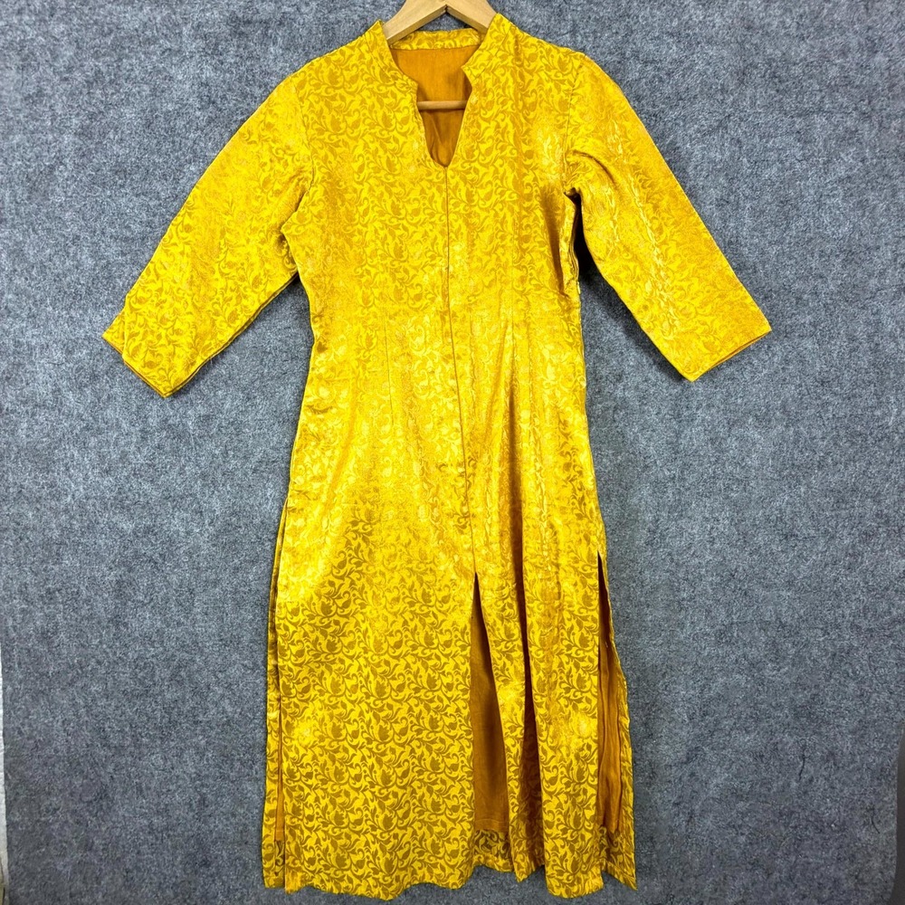 Womens kurta Yellow Brocade Floral Side Slit Split Neck Mehndi Festival Ethnic